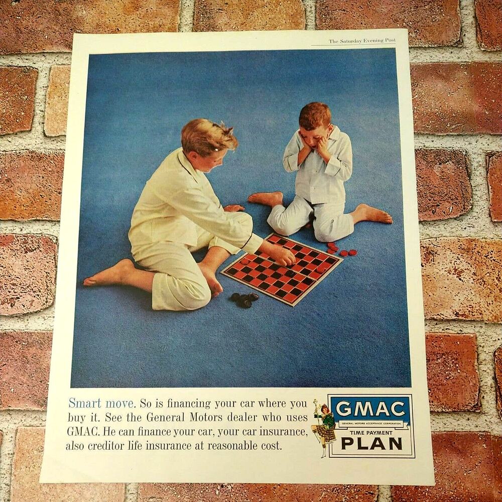 GMAC Financing - Kids in PJ's Playing‎ Checkers - Smart Move - Vtg 1961 PRINT AD